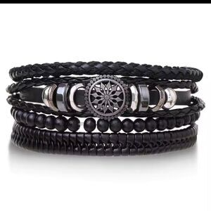 Men's Leather Bracelet Set 4pc Layered Braided Beaded Black New F9